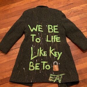 Jones New York Black Tweed Pea Coat with Green and Brown Accents